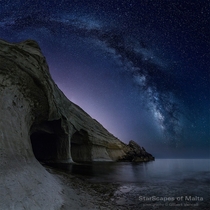 The Milky Way over Sea Caves at Pellegrin Point limits of nejna Malta by Gilbert Vancell 