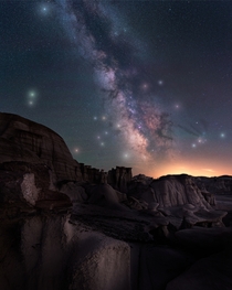 The Milky Way over the crazy eroded rock formations of Bisti Badlands De-Na-Zin Wilderness New Mexico 