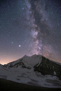 The Milky Way over the Weisshorn one of the highest and most dangerous mountains in Switzerland Photographed at an altitude of m 