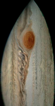 The most recent picture of the Great Red Spot taken by the Juno spacecraft