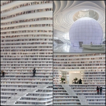 the new library in the Chinese city of Tianjin Terraced staircases circle around the central hall with a large striking sphere in which an auditorium is located which simultaneously serve as a bookshelf stairs and benches It is one large contiguous booksh