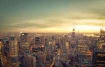 The New York City skyline at sunset 