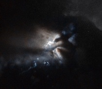The newborn star RNO  is hidden in this image revealed only by light reflected onto the plumes of the dark cloud 