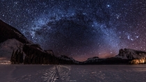 The night sky at Emerald Lake BC on a cold winter night 