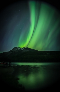 The northern lights shot at lake minnewanka in banff 