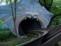 The opening to an abandoned roller-coaster tunnel at Spreepark Berlin 