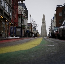 The rainbow street to Hallgrmskirkja Church Reykjavik Iceland