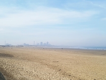 The silhouette of the abandoned Redcar Steelworks peaking through the sea mist 