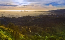 The skyline pokes above the LA haze Los Angeles California 