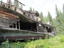The SS EvelynNorcom Left on blocks at the confluence of the Teslin and Yukon rivers Yukon Territory Canada