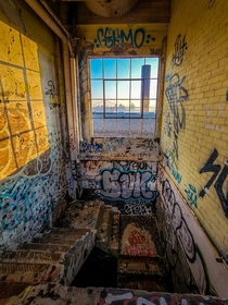 The stairway leading to the roof of an abandoned building