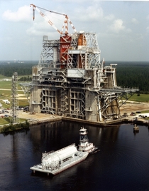 The Stennis Space Center B-B- Test Stand holding space shuttle components in  