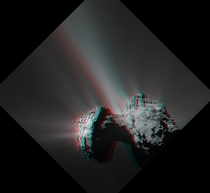 The stereo anaglyph of Churyumov-Gerasimenko or Comet P Its created by combining two images from the Rosetta spacecrafts narrow angle OSIRIS camera Credit ESARosetta MPS OSIRIS-stereo Anaglyph Philippe Lamy and the Team