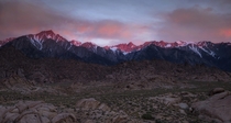 The sun crept over the Inyo Mountains and burned the Eastern Sierra with color The Alabama Hills Lone Pine California USA 