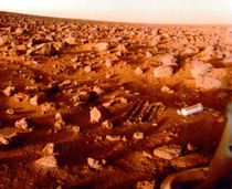 The surface of Mars imaged by NASAs Viking  lander on September   The cylindrical object on the right is the shroud for the probes sampler instrument ejected after landing