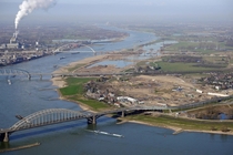 The three bridges of Nijmegen The Netherlands and one in the back near Ewijk On the right the ongoing project Room for the river Waal 