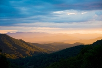 The view from my home in the Great Smoky Mountains of North Carolina during a golden sunset 
