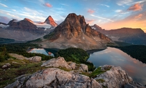 The view from the Niblet Assiniboine Provincial Park BC Canada This place is jaw-dropingly beautiful Sunburst Peak above with Mount Assiniboine to the left Magog Cerulean and Sunburst lakes below No-one here but us and the mosquitoes  writes photographer 