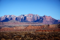 The West Temple of Zion NP as seen from the town of Virgin UT 