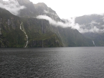 There can be be close to  waterfalls here any given day some only lasting for hours Fjord lands Milford Sound Te Anau New Zealand 