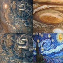 These images of the planet Jupiter only remind me of Van Goghs features in The Starry Night How beautiful