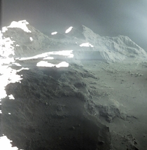 This is a landscape on Comet P The cliffs in the foreground are  meters high