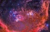 This mosaic of nine photographs depicts several famous nebulas such as the Orion and the Horsehead ones In the lower left of the pictures there is the reflection of nebula M  The surrounding ring is the emission nebula known as Barnards Loop