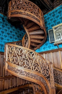 This spiral staircase carved from a single tree in  - located in Lednice Castle Czech Republic