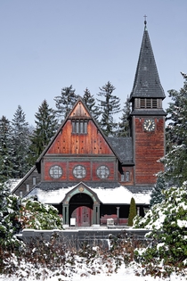 This wooden church near Berlin was covered in rare snow this year