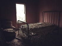 took this pic with my iphone  a few years back abandoned place with a plate on the bed lol