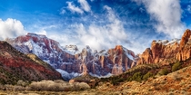 Tower of the Virgin after snowfall in Zion National Park HDR Panoramic 
