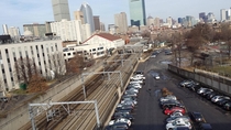 Train tracks heading into downtown Boston 