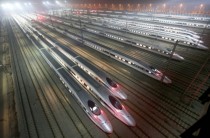 Trains wait at Guangzhou rail yard 
