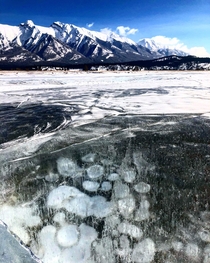 Trapped sulphur bubbles in Abraham Lake Alberta 