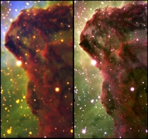 Two near-infrared images of the Western Wall in the Carina Nebula The image on the right was captured by the  meter Gemini South Telescope in Chile using a near-infrared adaptive optics which represented a -fold increase of the telescopes resolution Credi