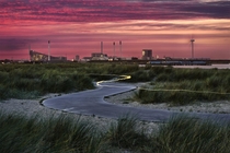 Urban beach sunset with light trail  Kastrup Denmark