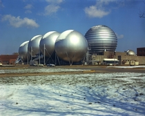 Vacuum spheres of Langleys Hypersonic Facilities Complex dusted by a light fall of snow 
