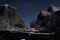 Valley View in Yosemite illuminated by the moon after a winter snow 