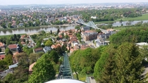 View from the upper station of the suspension railway over the Blue Wonder in DresdenGermany 