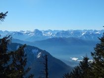 view into the wintery Karwendel-mountain range from the Geierstein-peak South Bavarian Alps Germany 
