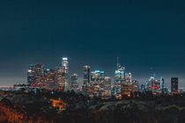 View of Downtown Los Angeles from Dodger Stadium at night 