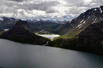 View of the Gjende Lake in Jotunheimen National Park Norway 
