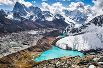 View on Cholatse Taboche and Thamserku peaks Himalaya 