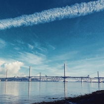 View to the three including the new almost-finished Forth bridges Scotland 