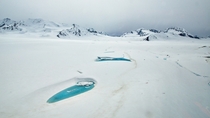 Water-filled potholes on the Black Rapids Glacier in the Alaska Range 