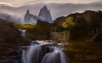 Waterfall on the creek on the Arroyo del Salto background FitzRoy massif in Argentine Patagonia  photo by Mike Reyfman