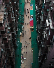 Wet market in a residential area in Hong Kong
