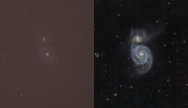 Whirpool galaxy M single shot vs final photo more than  hours of exposure