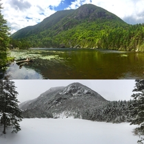 Winter vs Summer - view of Wildcat from the Carter Lakes in New Hampshire 