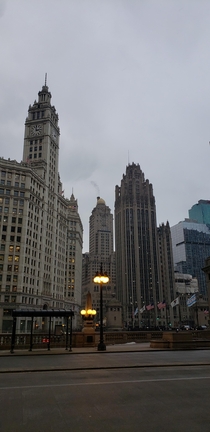 Wrigley Building and Tribune Tower on a cold cloudy Chicago day 